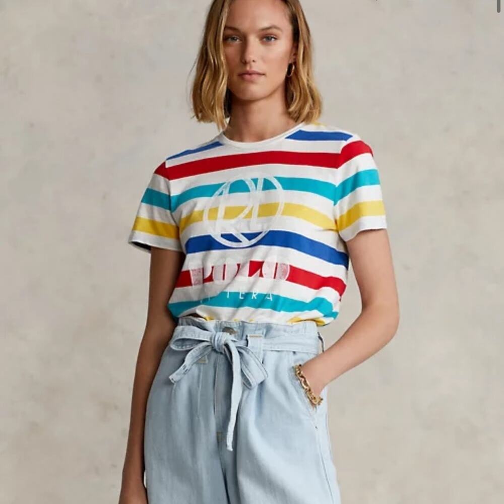 Polo Ralph Lauren Riviera Stripe Coastal Preppy T-Shirt Logo Sporty Nautical 90s